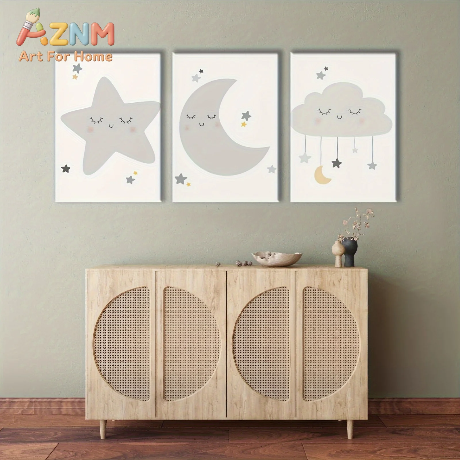 AZNM Cute Star Moon Cloud Canvas Wall Art Frameless Poster Boho Neutral Print Home Wall Decoration for Baby Nursery Kids Bedroom