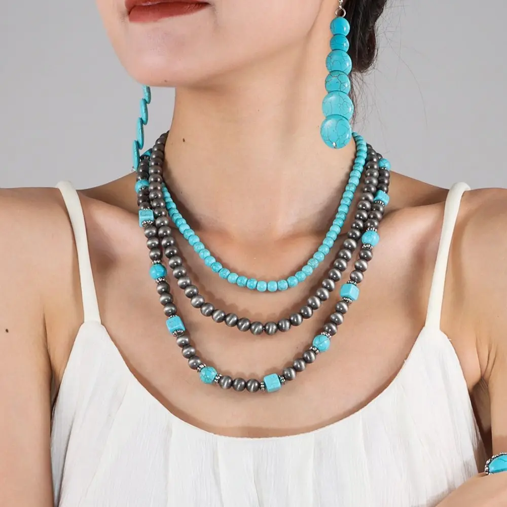 Summer Bead Multilayer Turquoise Necklace Ethnic Style Stacked Western Country Necklace Cactus Pendant Beach Choker Girls