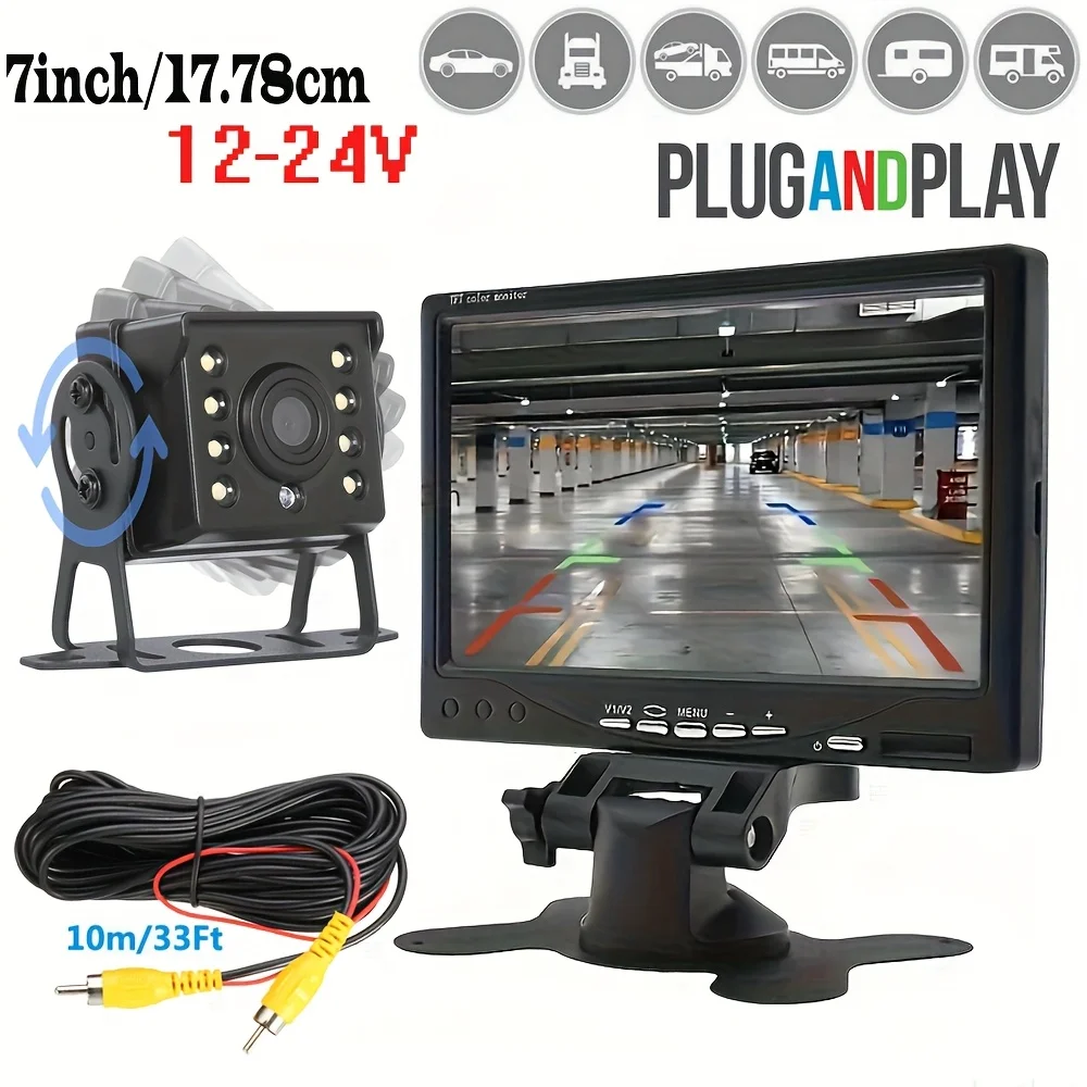 

7-дюймовая (17,78 см) ЖК-система резервной камеры с проводным питанием и кабелем 393,7 дюйма — монитор заднего вида для грузовиков/фургонов/пикапов 12–24 В