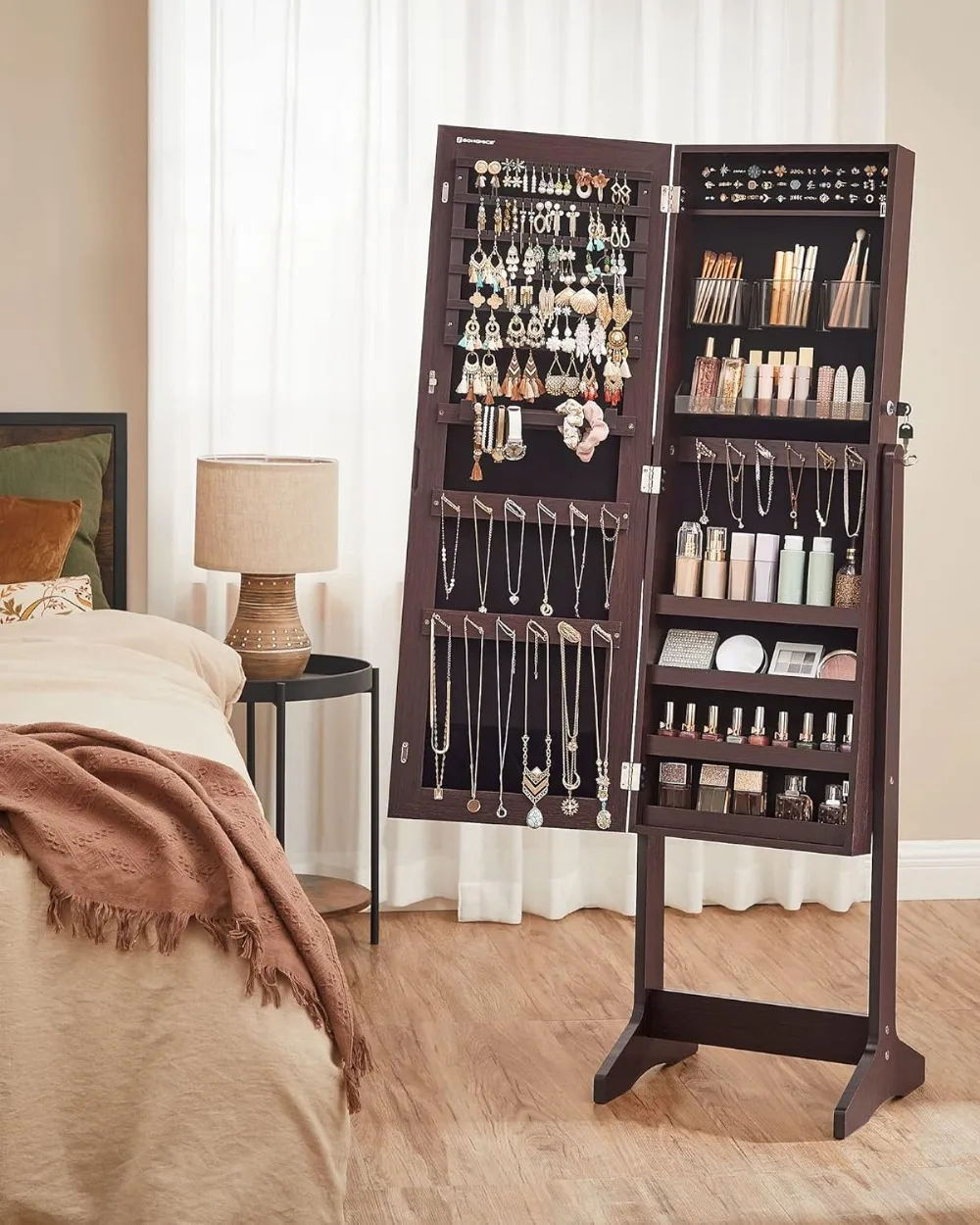 Armoire à bijoux sans cadre, unité de rangement autoportante verrouillable avec 2 rangements cosmétiques en plastique, sur toute la longueur