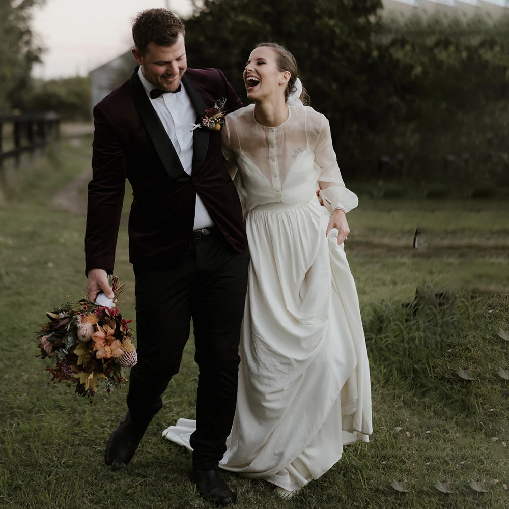 Uma linha transparente longo inchado manga vestido de casamento feito sob encomenda cintas de espaguete chiffon rústico elopement clássico vestidos de noiva