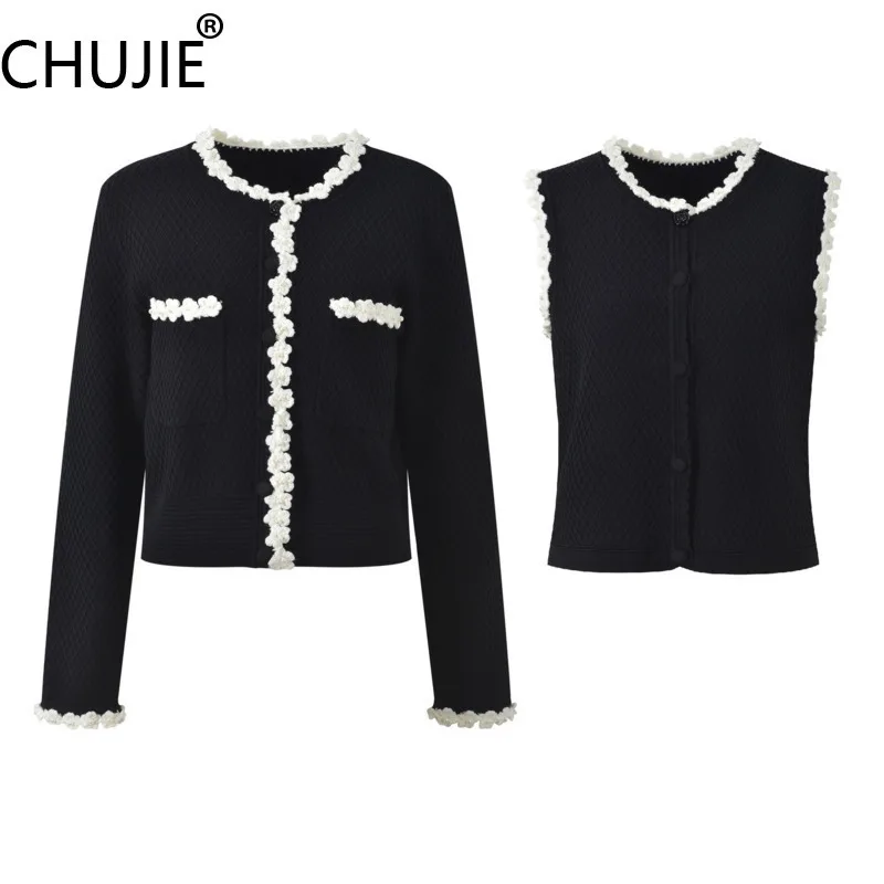 

CHUJIE 2025 Fall Black White Hand Crochet Set, Long Sleeves Round Neck Cardigan & Vest 2-Piece Set, Soft Style Office Casual