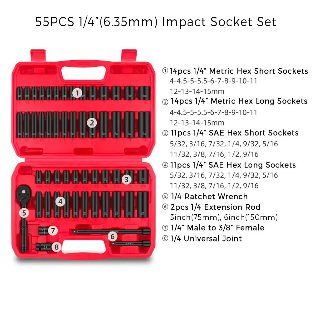 Imagem -04 - Binoax-drive Impact Socket Grupo Sae Padrão e Tamanhos Métricos Pontos Cr-v Soquete de Aço 48 Pcs 55 Pcs 66 Pcs