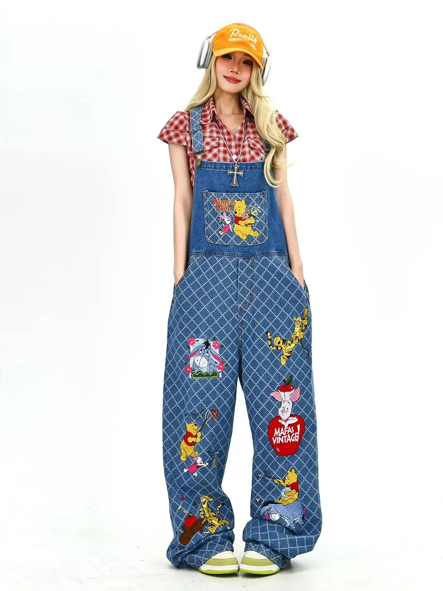 

Женские свободные джинсовые комбинезоны в клетку с мультяшным принтом, брюки в пол, весна 2026, новая корейская уличная мода, широкие джинсы