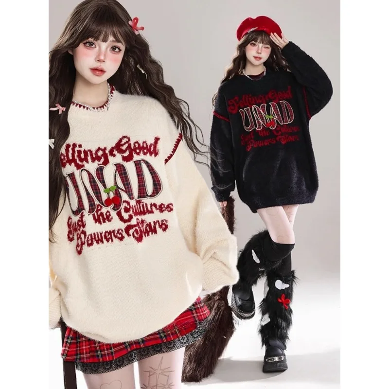 

Винтажный пуловер из мохера в стиле Харадзюку, трикотаж в стиле эмо, Y2k, субкультура, японский кавайный свитер, эстетика в стиле гранж, вязаный джемпер в стиле ретро