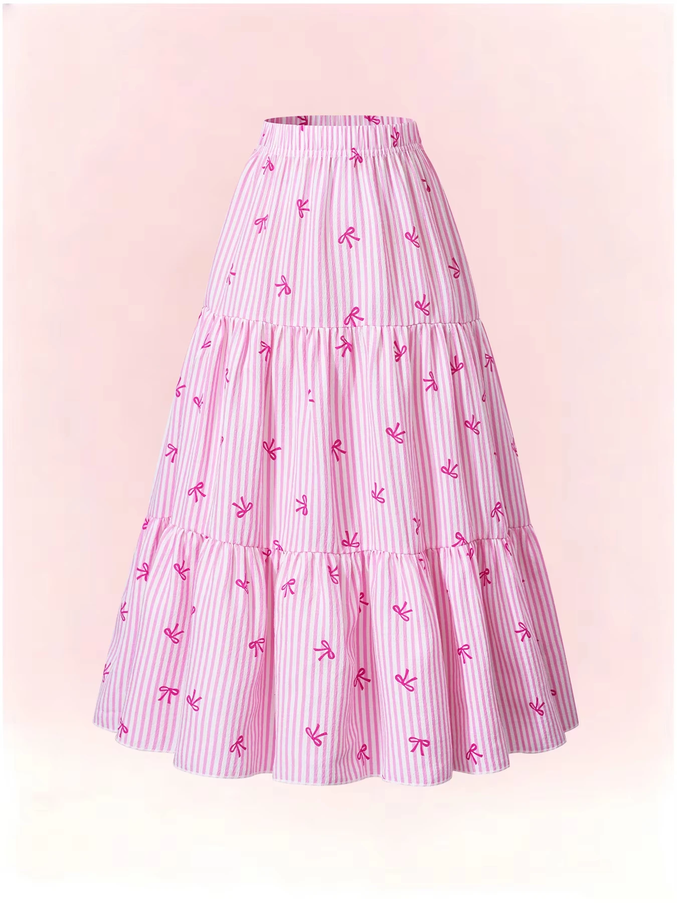 Women Pink Striped Bow Print Tiered Cake Maxi Skirt Elastic Waist Ruffle Flowy Long Skirt Summer Casual A-Line Skirts