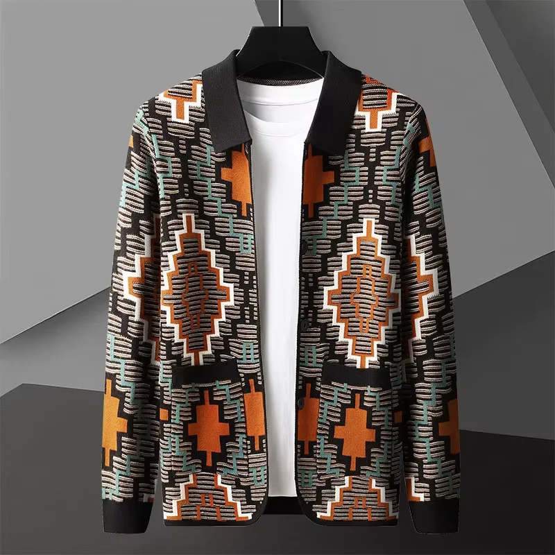 European American ethnic style retro jacquard sweater cardigan men's autumn designer new trend shawl casual lapel knitted coat