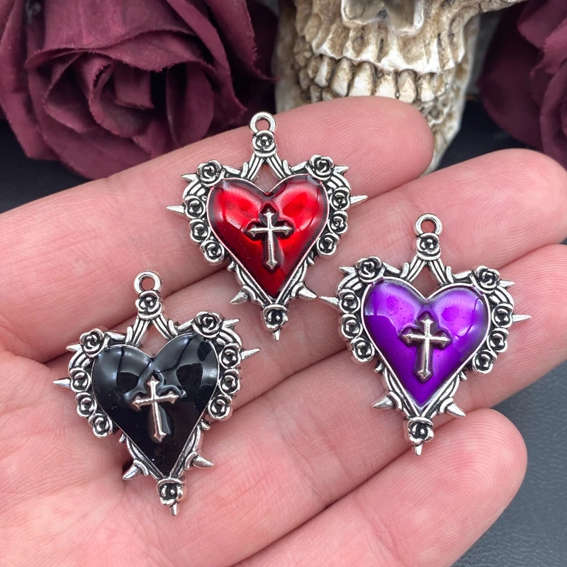 5 uds 34*30mm espina Rosa Cruz corazón encantos esmalte Halloween colgante diseñador encantos ajuste joyería hacer accesorios de joyería DIY