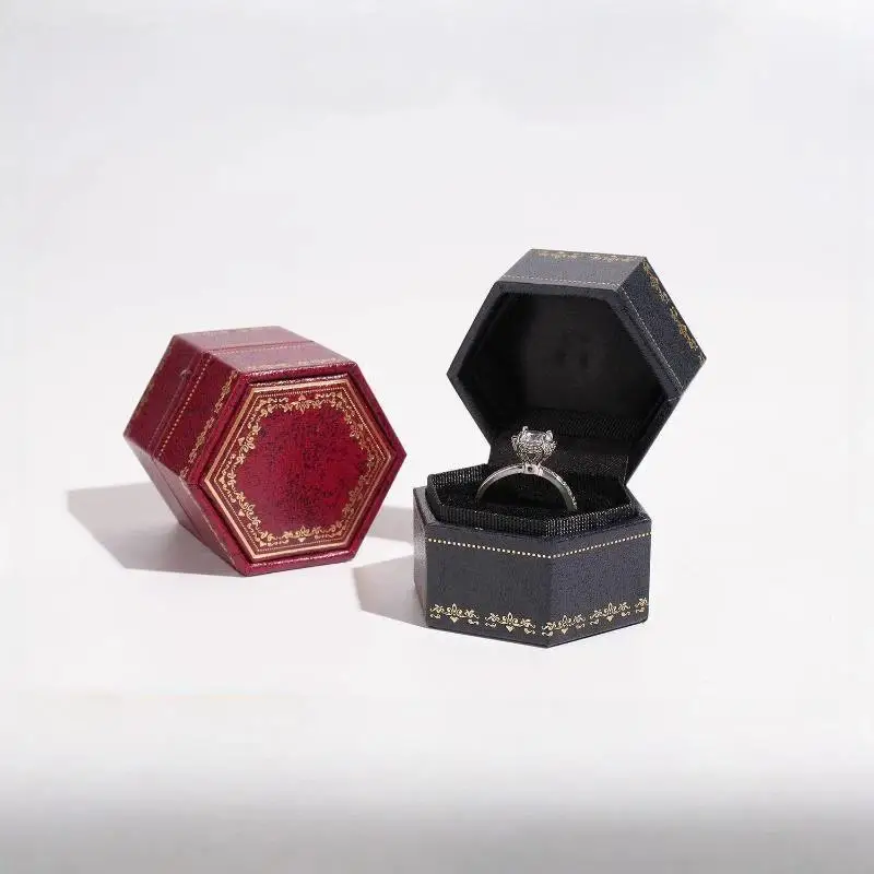 Vintage Hexagonal Velvet Ring Box Delicate Embossed Jewelry Storage Case For Proposal Wedding Jewelry Display Use
