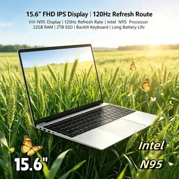 15,6-calowy laptop o wysokiej rozdzielczości, ekran IPS 120 Hz, procesor Intel N95, 32 GB dużego pamięci RAM, 2 TB szybki dysk SSD, podświetlana klawiatura, długi czas pracy na baterii.