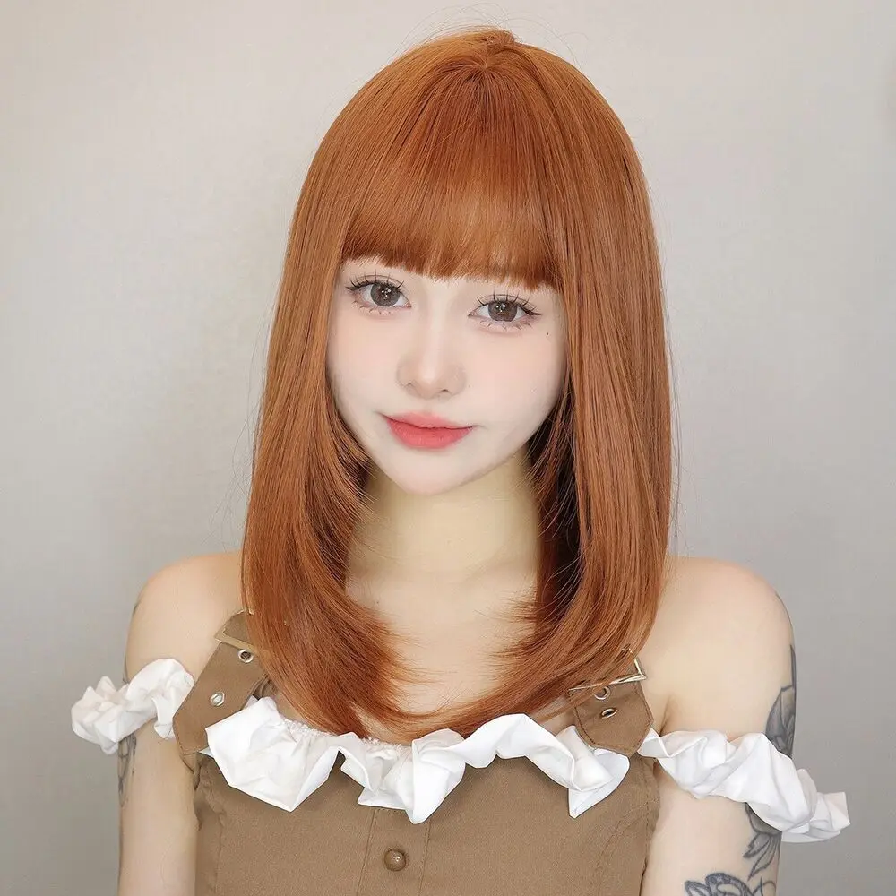 Women's Wig Orange Straight Hair Short Wigs Cover 16 Inch