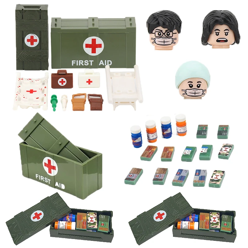 Building Blocks Mini Bricks Complete Figure Toy Gift Sticker Medicine Bottle Kit MOC Doctor Nurse Medical Box Injector Stretcher