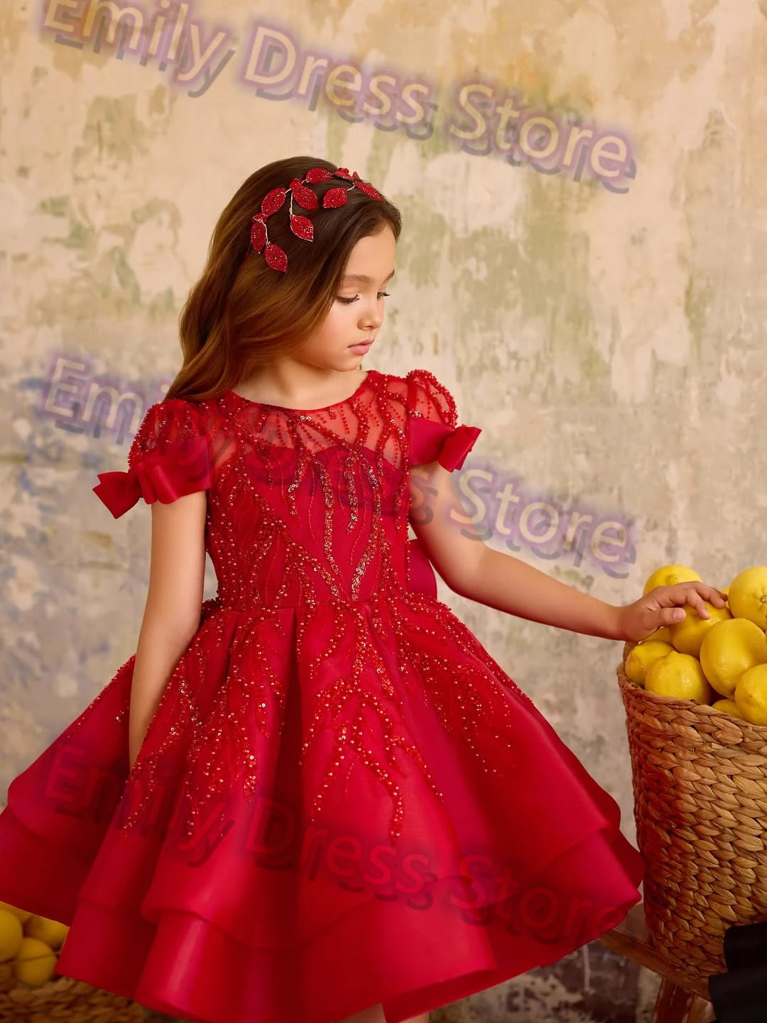 

Красные платья с цветочным узором для девочек по индивидуальному заказу на свадьбу, тюлевые платья с бантом, пышные до колена, детские бальные платья принцессы для первого причастия