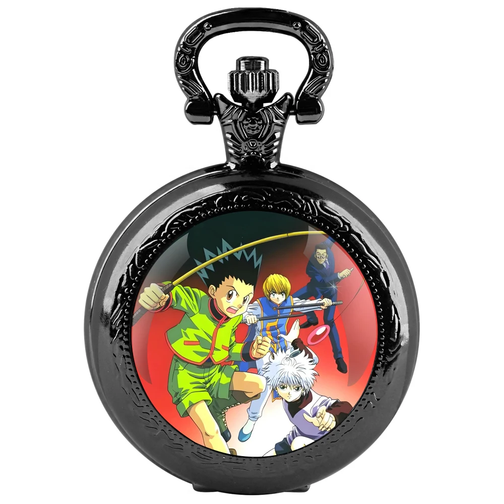 Hunter × Hunter Glass Dome Black Quartz Pocket Watch with Arabic Numerals Dial and Durable Chain Retro Gift for Men Women