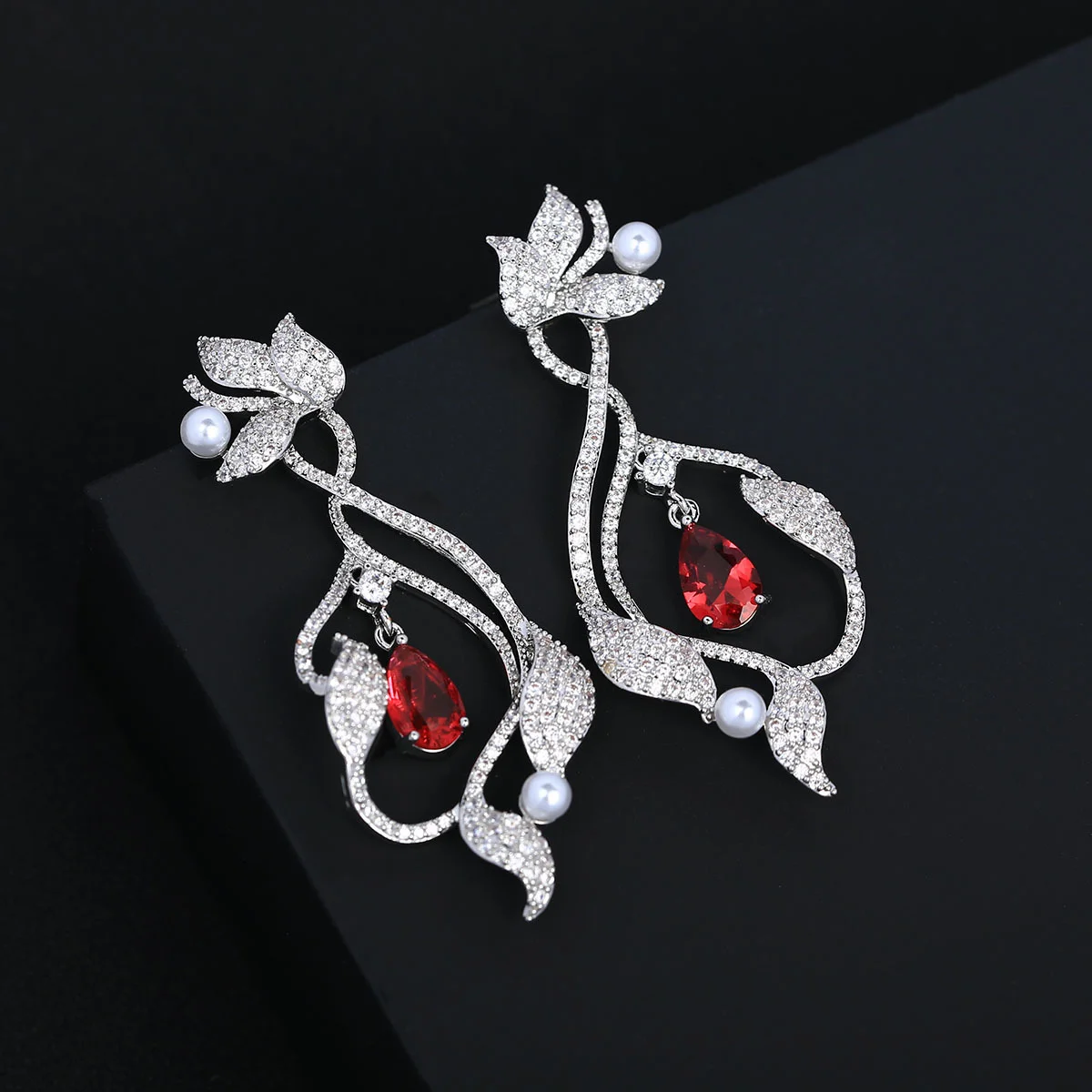 

925 Silver Needle Red Teardrop Gemstone Lotus & Pearl Drop Earrings, Silver Tone Fashion Jewelry for Women Daily Party Wear