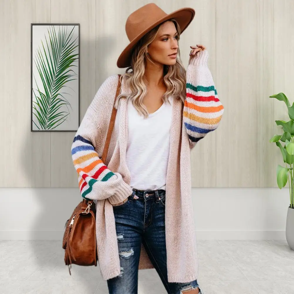 Skin-Touch  Simple Women Striped Patchwork Long Sweater Jacket Soft Knitted Cardigan Open Front   Female Knitwear