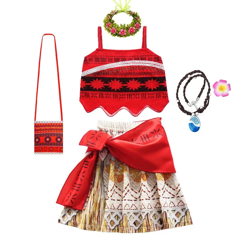 Girls Disney Moana Princess Dress for Kid Halloween Cosplay Vaiana Costume Children Birthday Party Headwear Flower Clothes Set view 4