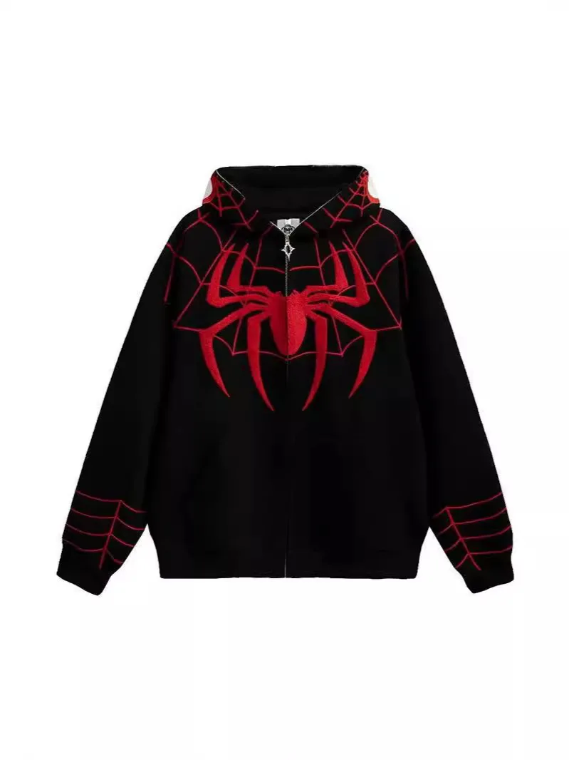 Spider Print Hooded Women's Hip Hop Zipper Long sleeved Jacket Coat 2025 Autumn/Winter Harajuku Casual Loose Hooded Sweatshirt