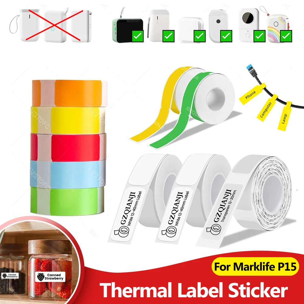 1Roll P15 Thermal Label Sticker15X30MM 12mm*30mm Cable Color Tape Compatible D30 Q30 Marklife P11 P50 L12 DELI Q2 P12 Labeller
