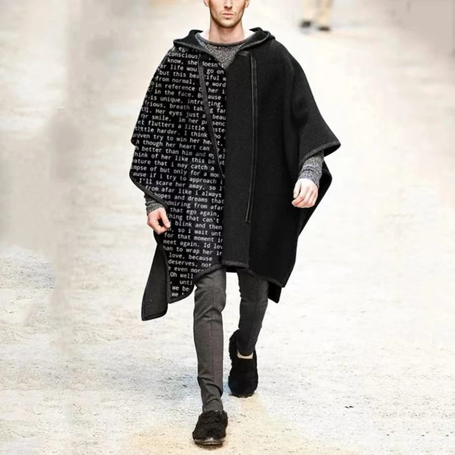 2024 Vintage Poncho Men Oversized Hooded Irregular Cape Shawl Fashion Punk Male Outerwear Coats Cloak Woollen Blends Pullovers