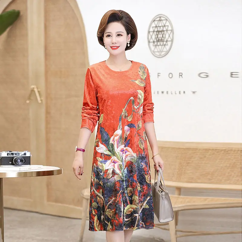 

2024 Women Mother Dress Spring Autumn Long Sleeve Straight Dresses Mid Calf Women's Printing Flower Elegant O-neck Dress K57