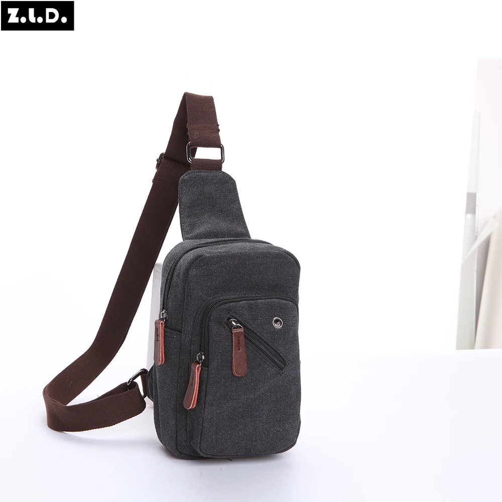 Men's retro chest diagonal bag outdoor sports solid color canvas zipper hiking riding small square bag Cell Phone Pocket Flap