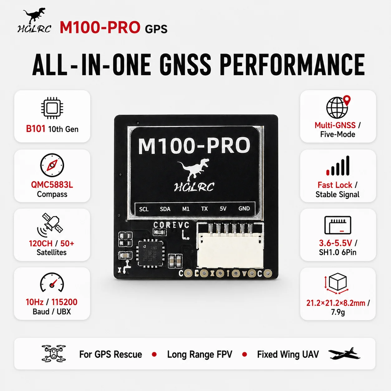 HGLRC M100-PRO GPS Multi GNSS Module B101 QMC5883L Compass 120CH 10Hz UBX for Long Range FPV Drone Lumenier SAM-M10Q Alternative