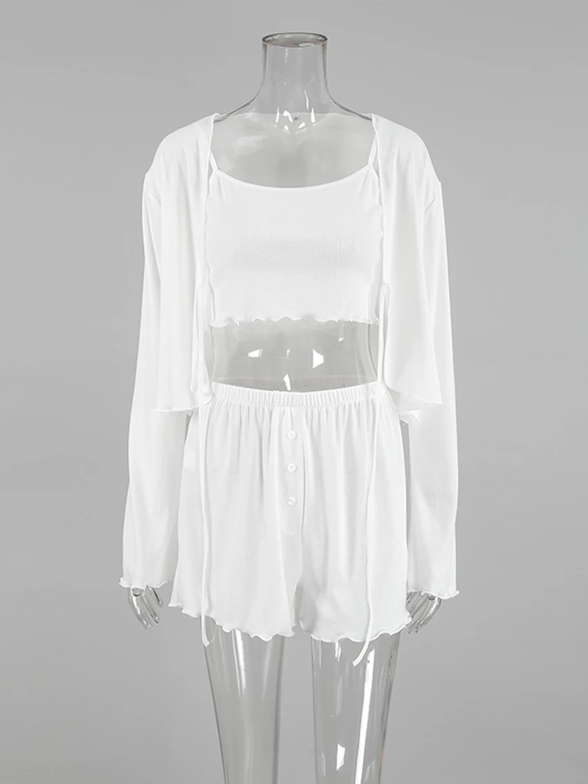 Marthaqiqi Casual Women Pajama Set Sexy V-Neck Robe Long Sleeve Nightie Tank Tops Sleepwear Crop Top Pyjamas Shorts Home Clothes