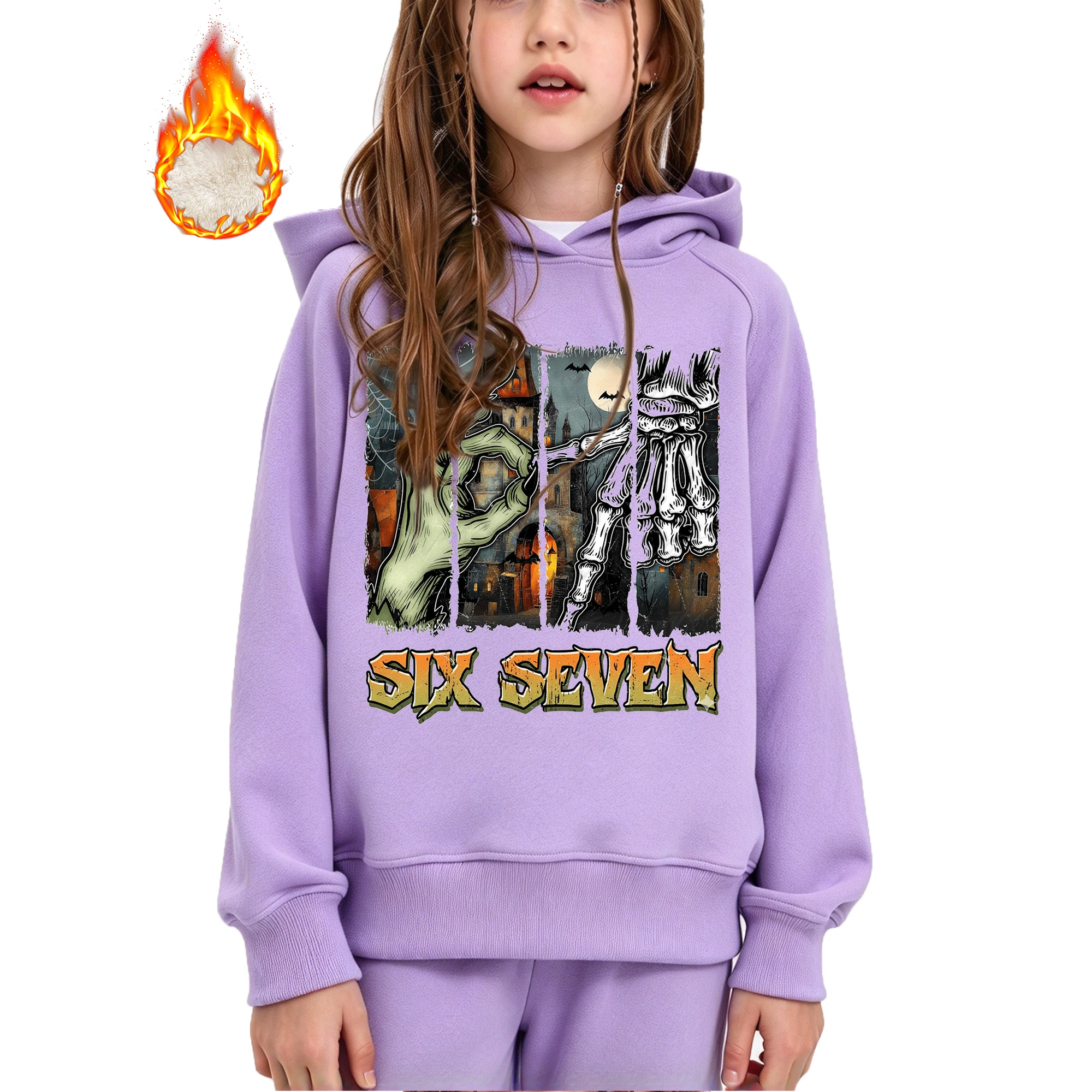Girls Hoodie Halloween Six Seven Zombie Skeleton Print Casual Kids Hooded Sweatshirt For 3-14Y Girls Long Sleeve Pullover Tops
