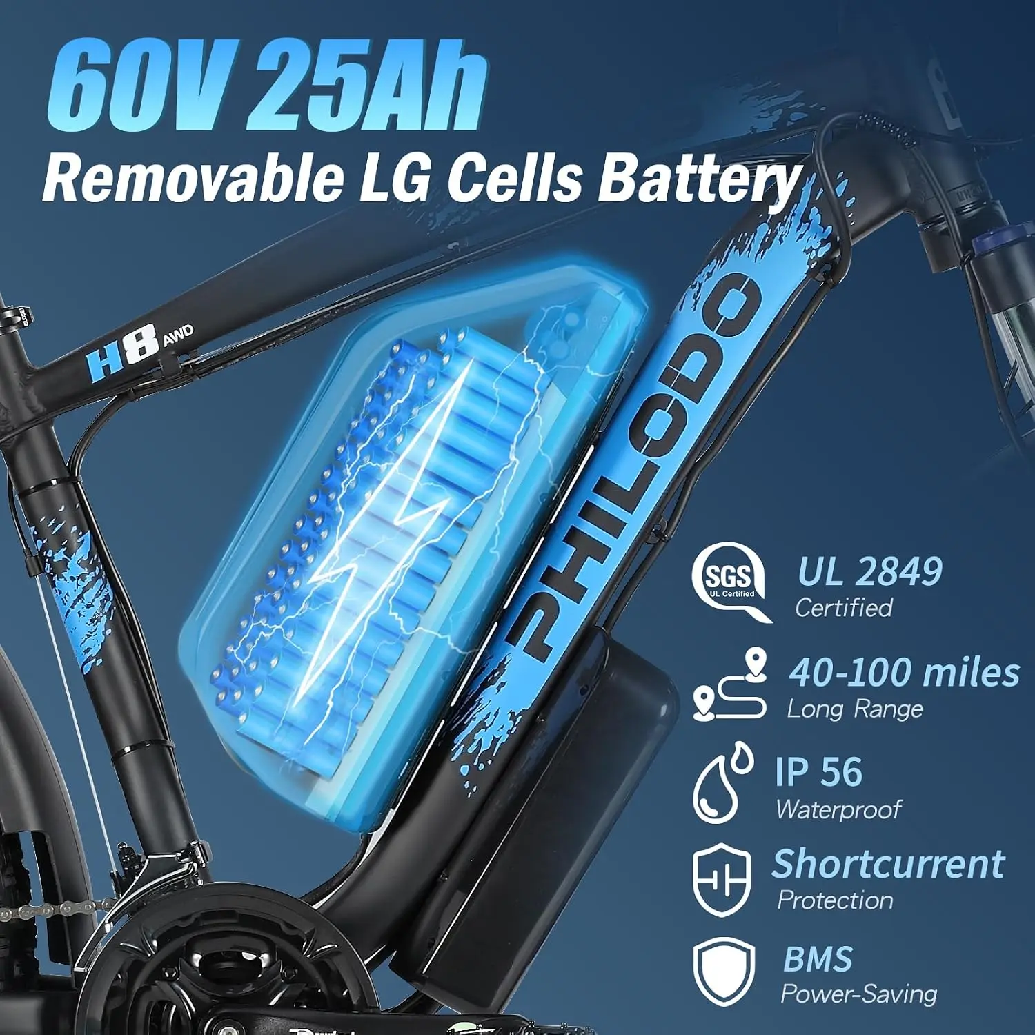 5000W Motor Electric Bicycle Adults, 60V 25Ah Battery 100 Miles 45Mph 26