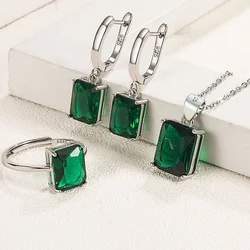 Blue Square Zircon Pendant Necklace Earrings Ring Jewelry Sets for Women Romantic Fashion Wedding Jewelry Sets Gifts