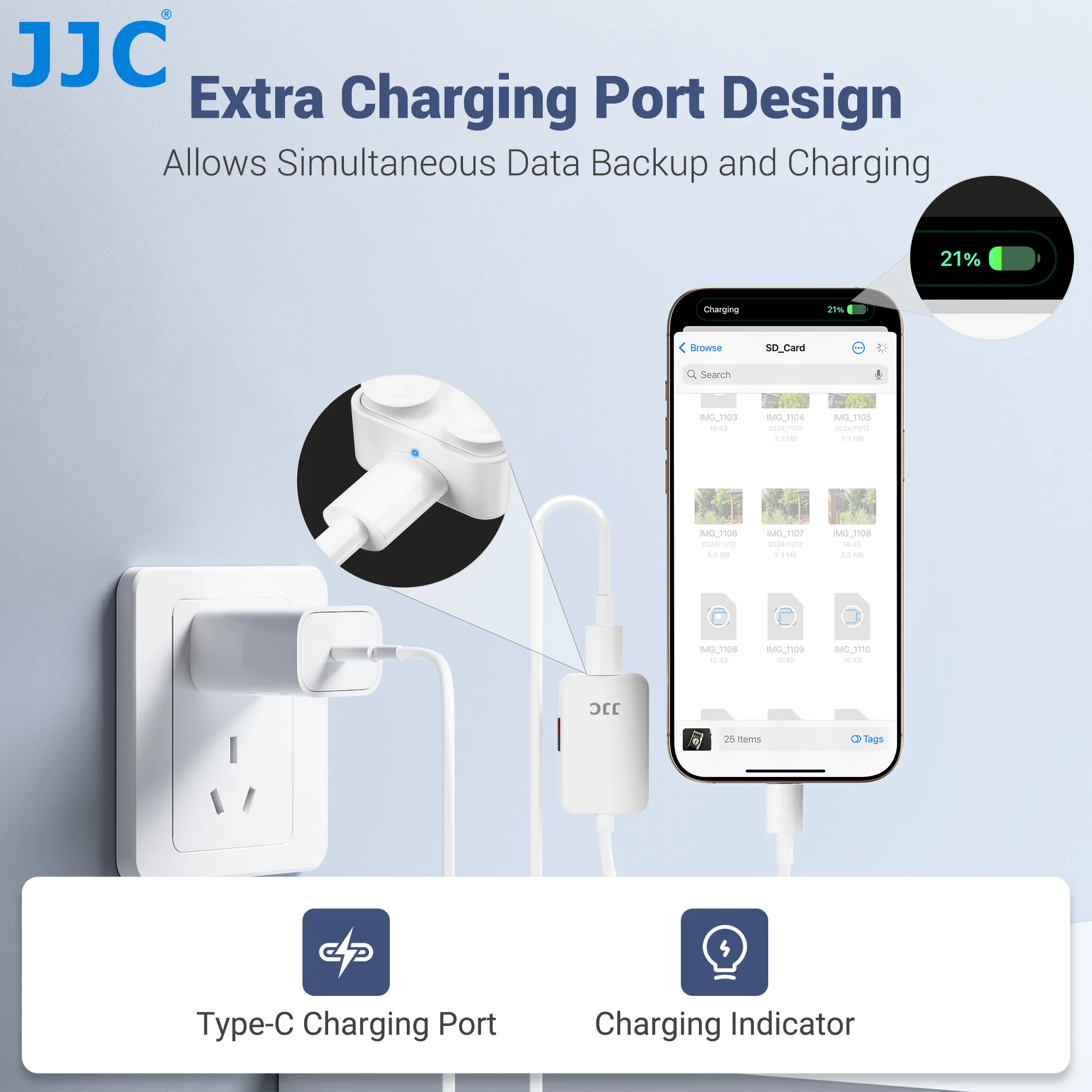 JJC Micro SD Card Reader For Phone Tablets Laptops Micro SD Card Adapter with Type C Simultaneous Charging and Reading