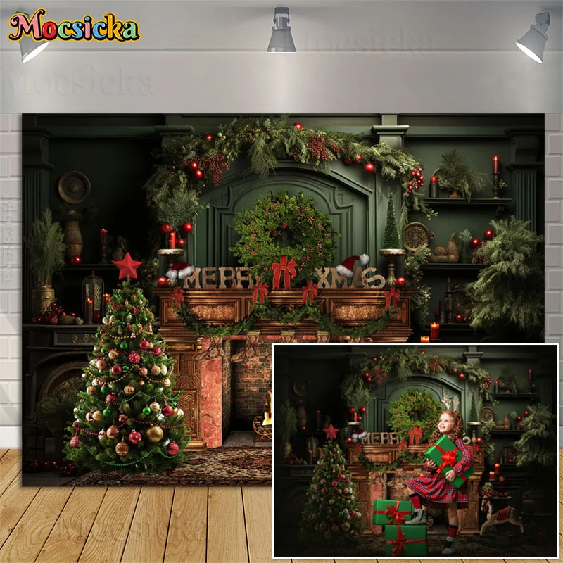 3D Christmas Room Photography Background Vintage Dark Green Fireplace Xmas Tree Props Kids Family Portrait Backdrop Photo Studio