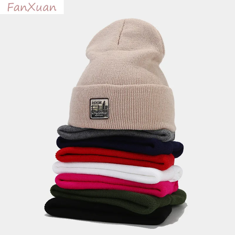 fashion label knit beanies for women men unisex solid color autumn winter hats men skullies bonnets ski cap