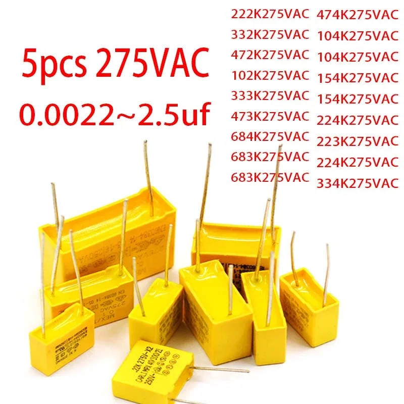 5 pz/lotto 275VAC MKP condensatore di sicurezza X2 giallo polipropilene Film plastico capacità 0.033uf 0.047uf 0.47uf 0.56uf 0.068uf