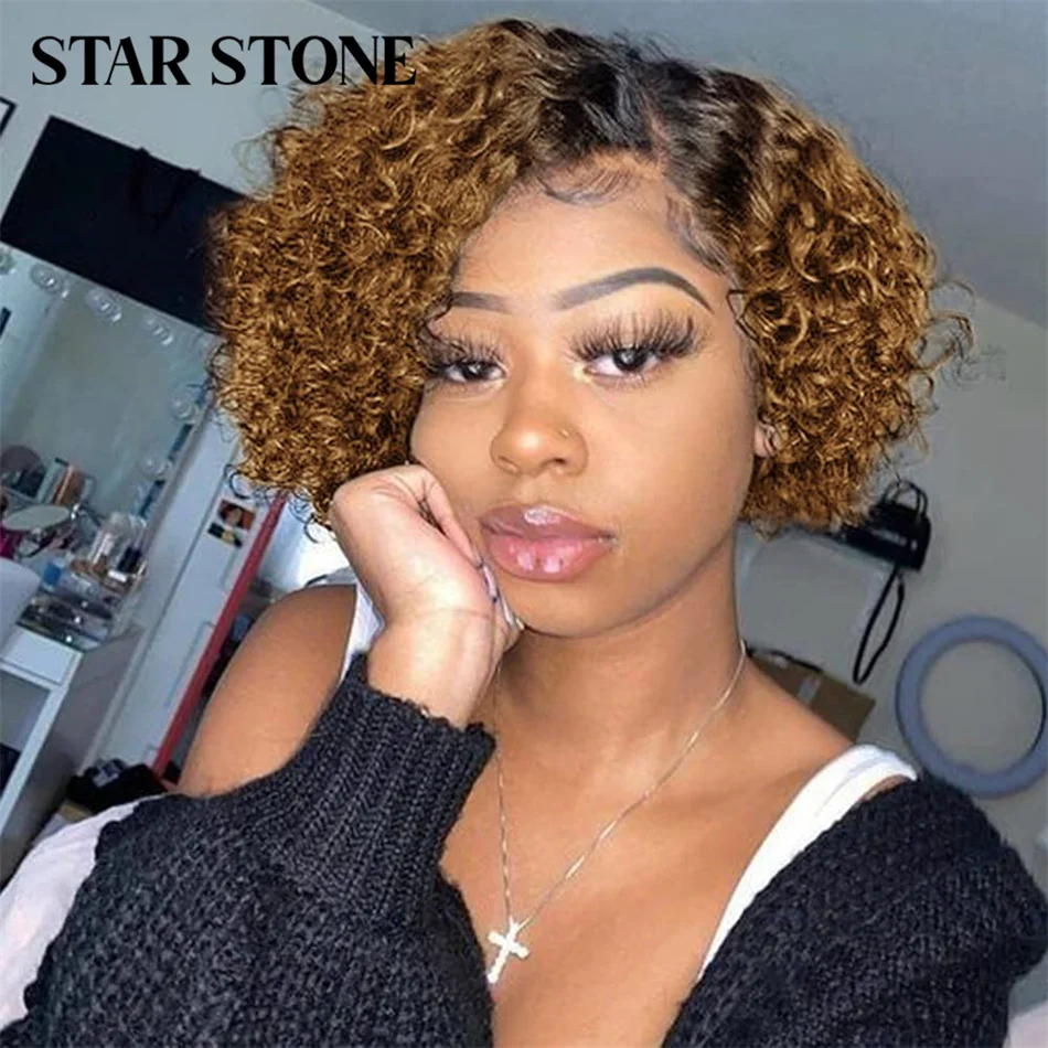 

STAR STONE Pixie Cut Curly Wigs Water Wave T-Part Lace Wig 100% Human Hair Wigs Pre Plucked Side Part Lace Wig Short Bob Wigs