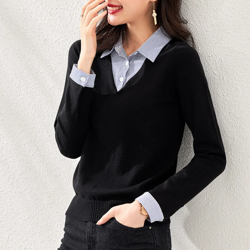 

Casual Fashion Lapel Spliced Striped Fake Two Pieces Blouse Women Clothing 2022 Autumn New Commute Pullovers Loose Korean Shirt