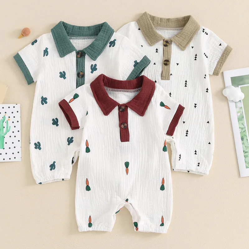 Baby Boy Jumpsuit Summer Short Sleeve Lapel Collar Graphic Print Romper Newborn Playsuit