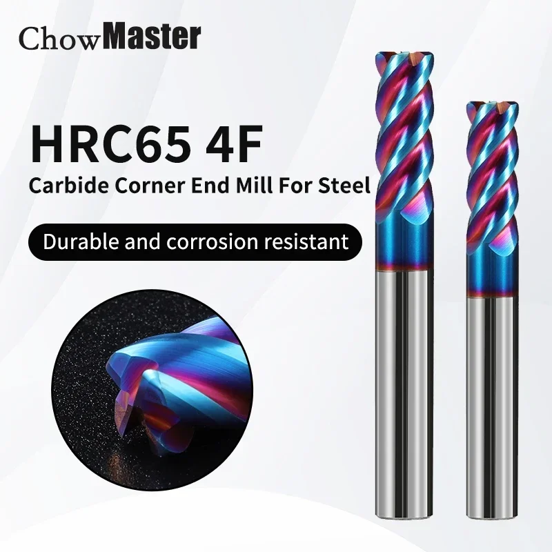 Chowmaster HRC65 4 Flute Corner Radius Carbide End Mill Blu Nano Coated Flat Tungsten Steel Milling Cutter for Stainless Steel