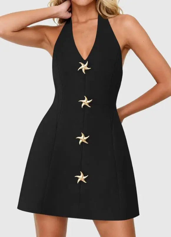 

Women Dresses 2026 Spring Summer New Solid Color Elegant Hanging V-Neck Sleeveless Star Button Decor A-Line Mini Party Dress