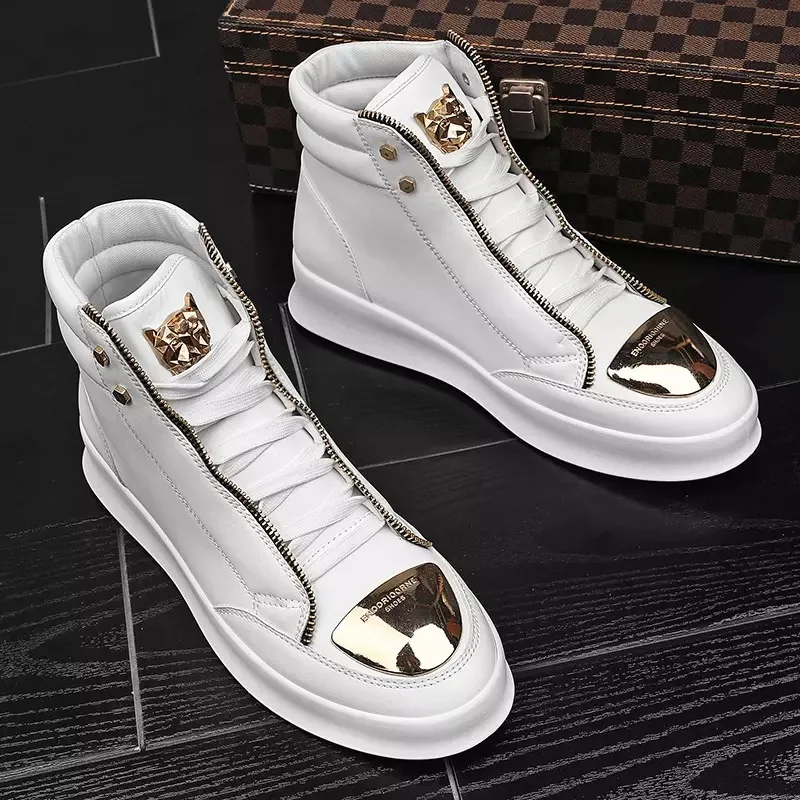 Lente nieuwe heren hoge sneakers metalen casual leren laarzen Koreaanse versie trend hiphopschoenen voor heren