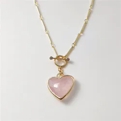 FUWO 1PCS Handcrafted Natural Rose Crystal Necklace,Golden OT Buckle Chain Heart-Shaped Semi-Precious Stone Women's Gift (NC478)