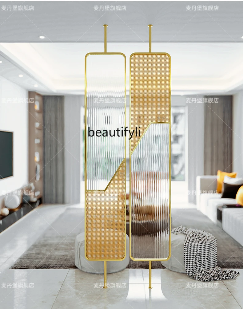 

Rattan glass screen partition, living room entrance shelter, stainless steel, art glass screen