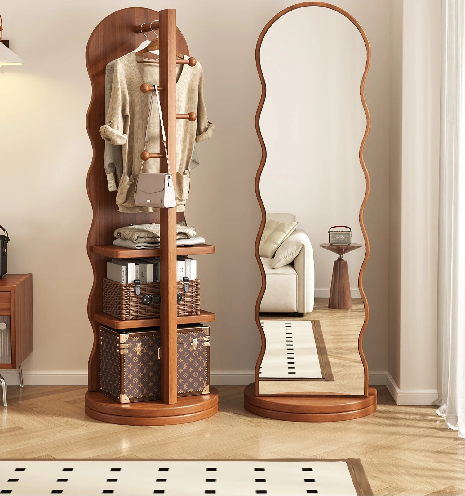 شماعة مرآة الزينة ذات الدوران المموج الكل في واحد، مرآة كاملة الطول على الأرض #1