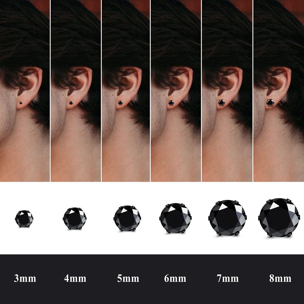 1 Pair Stainless Steel Black Round Square Cubic Zirconia Stud Earrings Set Punk Piercing Jewelry for Men Women 3-8mm