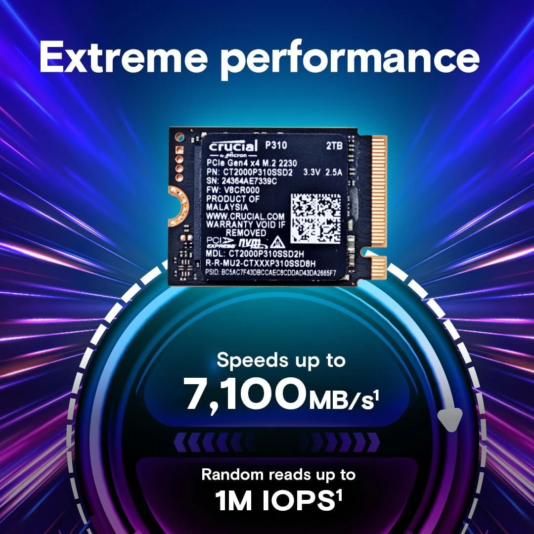 Crucial P310 1 تيرابايت 2 تيرابايت PCIe Gen4 2230 NVMe M.2 SSD - ما يصل إلى 7100 ميجابايت/ثانية - أطول وحدة التحكم الخاصة بك - محرك الأقراص الصلبة الداخلي - حزمة OEM