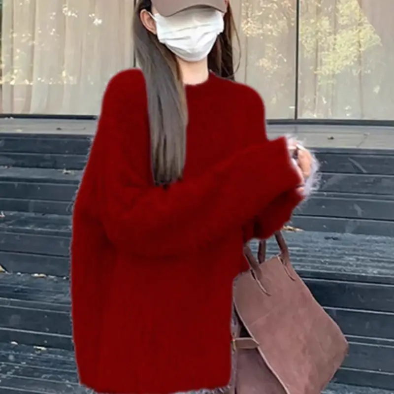 Gentle Style Purple Soft Glutinous Sweater Fluffy Imitation Mink Velvet Round Neck Pullover Knit Sweater Underwear Top