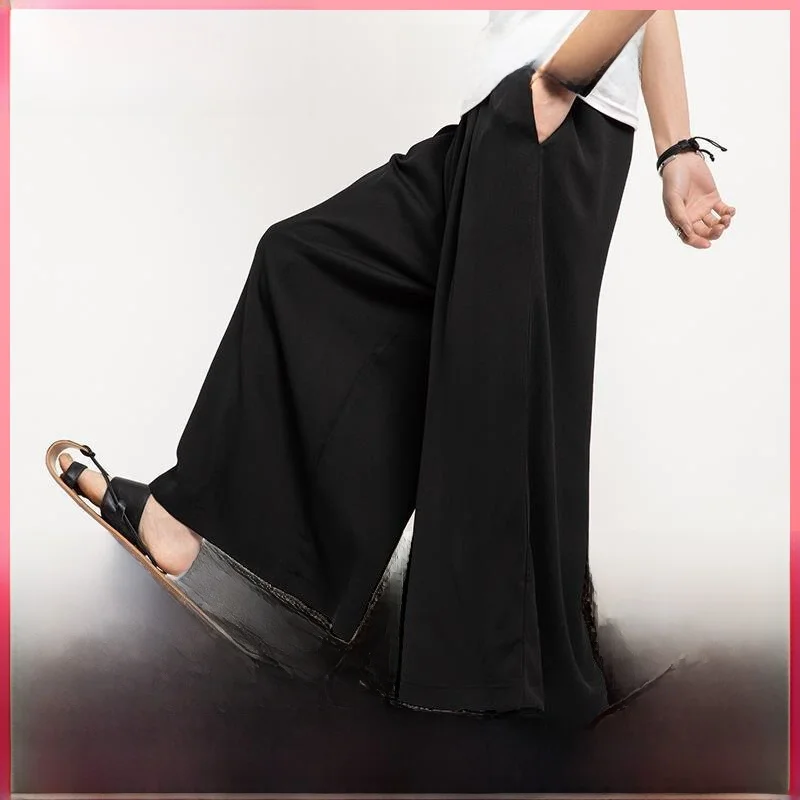 Ice Silk Wide Leg Pants Men's Straight Leg Nine Points Summer Thin Loose Casual Long Pants Japanese Style Skirt Pants