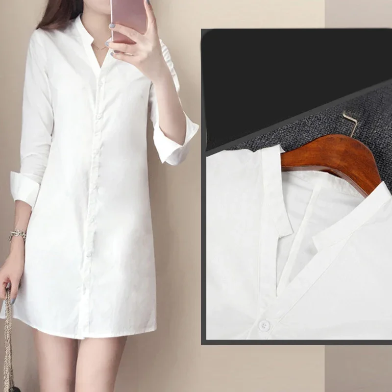 

Women Dress Ladies White V Neck Loose fit 3/4 sleeves Shirt Polyester Casual Blouse Summer Solid Loose Fashion