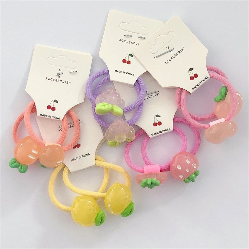 2PCS Sweet Cute Cartoon Semi Transparent Fruit Strawberry Carrot Grape Lemon Elastic Hair Band For Girls Kawaii Rubber Bands